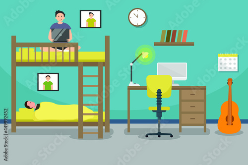 Dormitory vector concept: Young man using laptop in his dormitory while his roommate sleeping on the bed