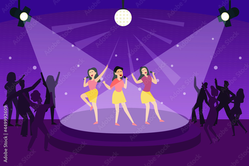 Night club vector concept: Female singers singing together in night club while the people dancing together