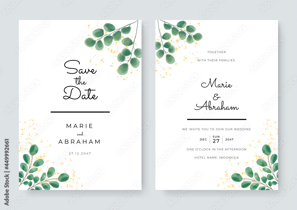 Wedding invitation set with abstract and green leaves flower watercolor background
