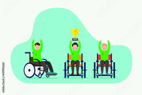 Disabled people competition vector concept: Group of disabled men winning the competition while sitting on the wheelchair