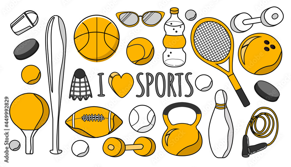 vector illustration - sporting goods, sports items - balls, rackets, dumbbells, jump ropes, bats. trend illustration in flat style - obrazy, fototapety, plakaty 