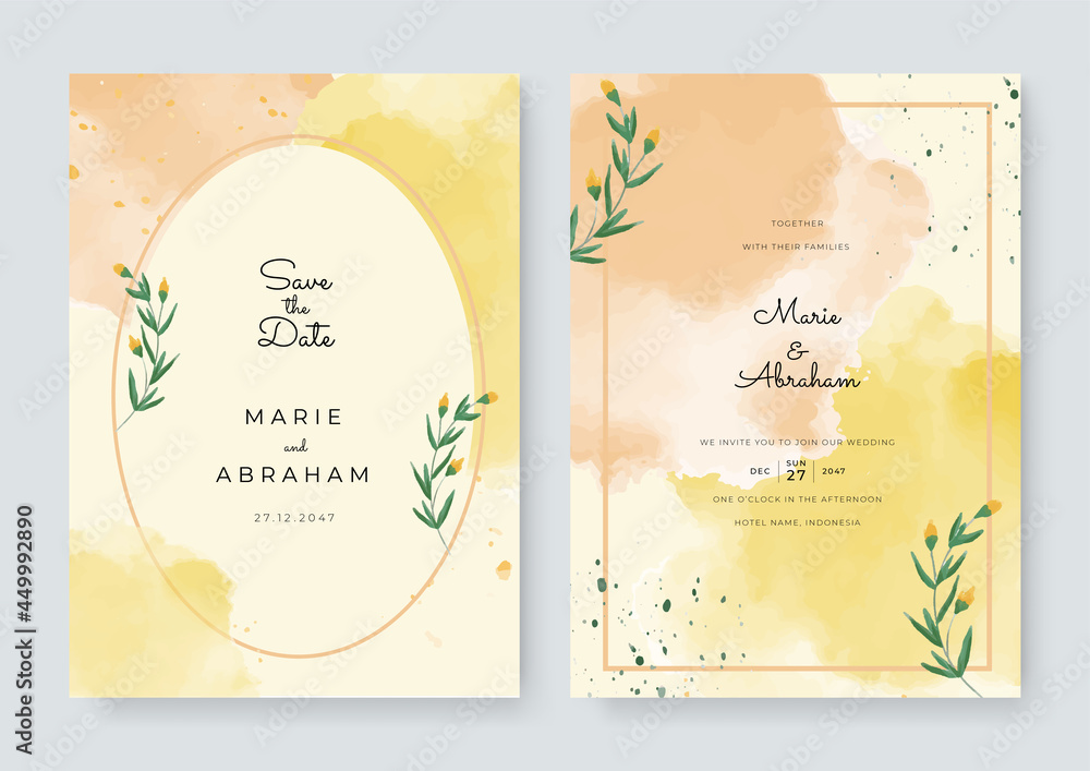 Green yellow white and gold wedding set with hand drawn watercolor background. Includes Invintation, information, menu and thank you cards templates. Simple elegant luxury wedding background. Vector