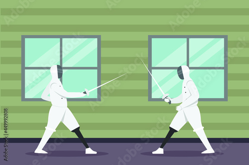 Disabled people competition vector concept: Two disabled fencing athletes fighting in fencing competition while holding swords