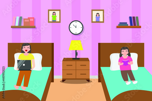 Dormitory vector concept: Two girl roommates enjoying leisure time together while using laptop and reading the book