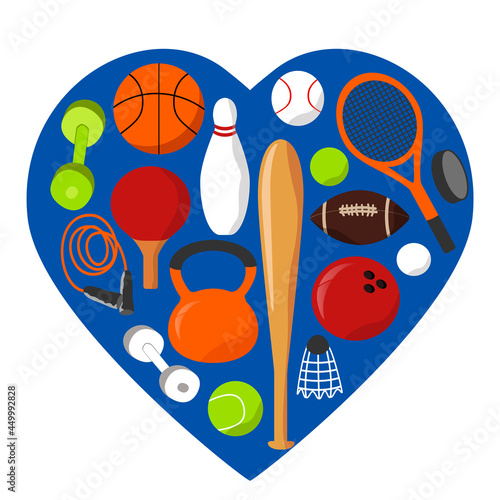 vector illustration - sporting goods, sports items - balls, rackets, dumbbells, jump ropes, bats. trend illustration in flat style