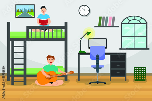 Dormitory vector concept: Two male roommates enjoying leisure time together while playing guitar and reading the book