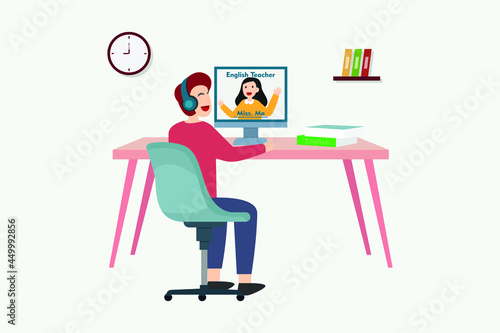 Education vector concept: Male university student learning english on video conference while sitting on the chair