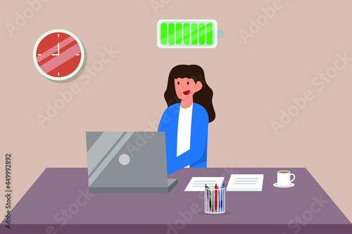 Fuel charge business person vector concept: Young businesswoman working in the office with fuel battery icon
