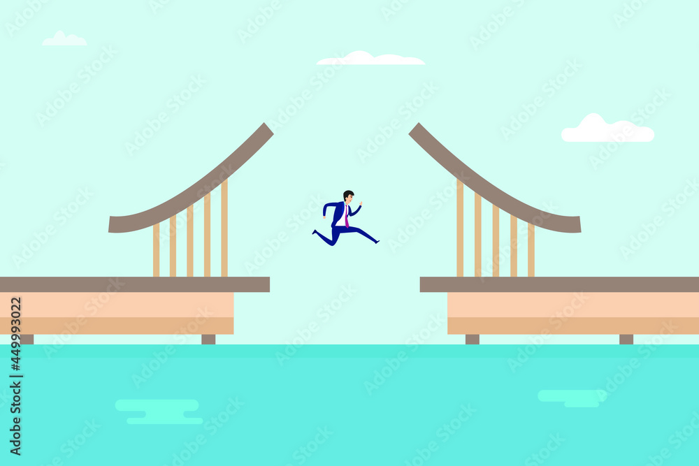 Business vector concept. Businessman jumping a gap between two bridge parts Business vector concept. Businessman jumping a gap between two bridge parts