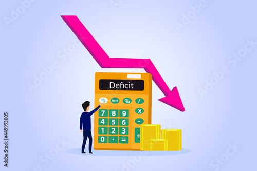 Deficit vector concept. Businessman using a calculator to calculate financial deficit with declining arrow