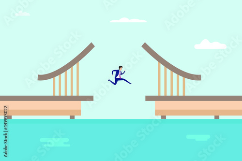 Business vector concept. Businessman jumping a gap between two bridge parts
