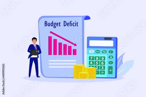 Budget Deficit vector concept. Businessman with budget deficit graph and calculator