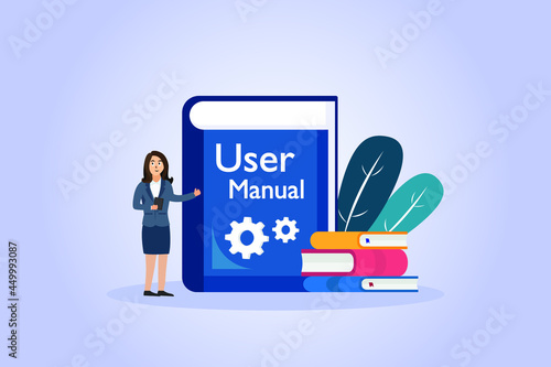 User Manual vector concept. Businesswoman and user manual book