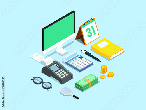 Online payment isometric vector concept. Payment terminal with calculator, money, and monitor