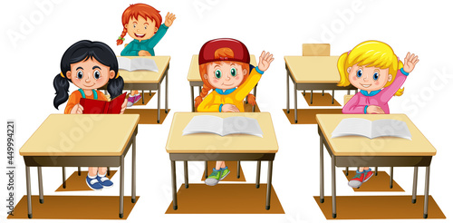 Students raising their hands on white background
