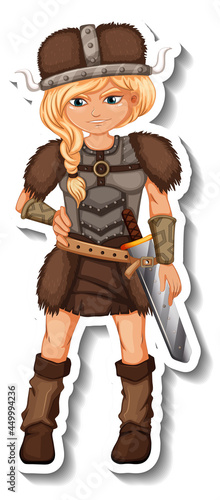 Sticker template with Viking warrior cartoon character isolated