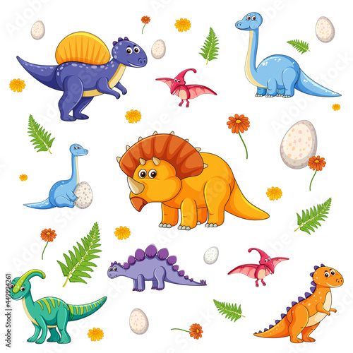 Set of isolated various dinosaurs cartoon character on white background