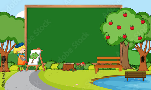 Empty blackboard in nature scene with an artist girl drawing in the park