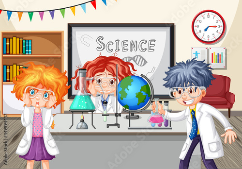 School kids doing chemistry experiment in the classroom
