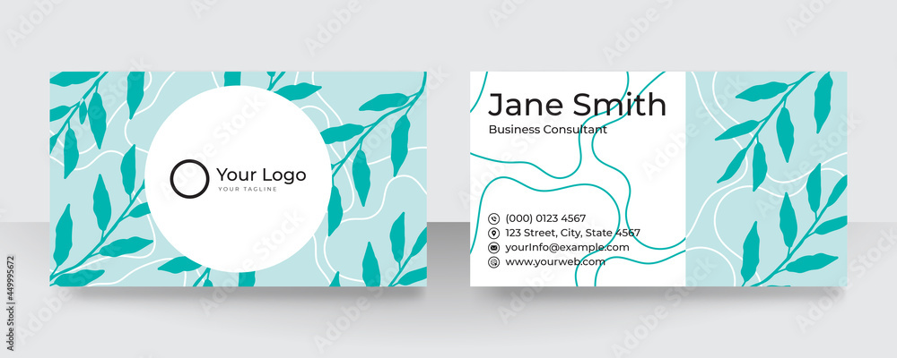 Modern green and white minimal floral flower nature leaves business card design. Modern business card template red black colors. Flat design vector abstract creative - Vector
