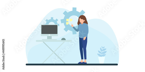 Collection of illustrations with people working in the office, making a presentation, negotiating and discussing business issues, developing ideas. Work from home flat people illustration