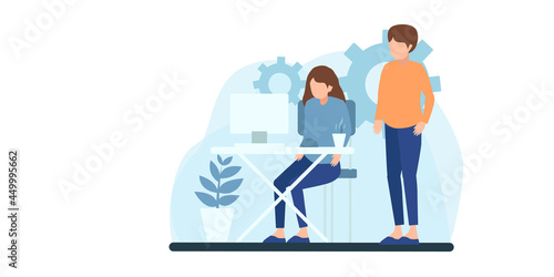Collection of illustrations with people working in the office, making a presentation, negotiating and discussing business issues, developing ideas. Work from home flat people illustration