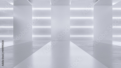 Empty white room with neon lights. Futuristic tunnel architecture background. Box with metal wall. 3d render