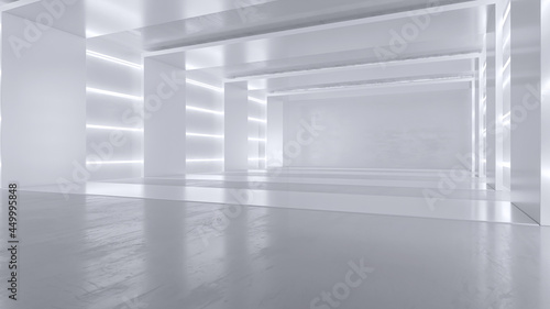 Empty white room with neon lights. Futuristic tunnel architecture background. Box with metal wall. 3d render
