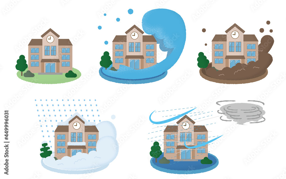 災害に遭う学校のベクターイラストセット 土砂崩れ・吹雪・竜巻・雷雨 vector de Stock | Adobe Stock