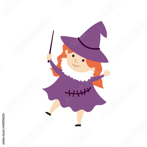 Girl child in Halloween costume of witch. Day of dead holiday decor. Isolated on white background