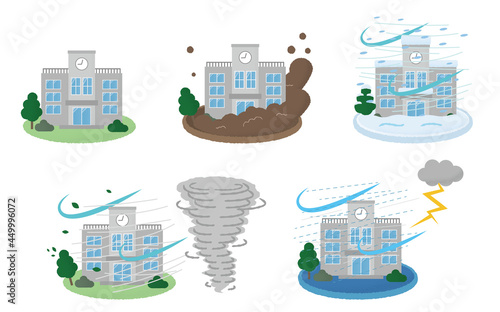 災害に遭う学校のベクターイラストセット　土砂崩れ・吹雪・竜巻・雷雨