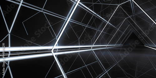 Abstract Triangle Spaceship corridor. Futuristic tunnel with light. Future interior background, sci-fi science concept. 3d rendering