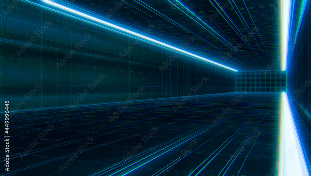 Abstract Futuristic light wireframe tunnel. Long Spaceship corridor interior view. Future sci-fi background concept. 3D rendering. Abstract Futuristic light wireframe tunnel. Long Spaceship corridor interior view. Future sci-fi background concept. 3D rendering.