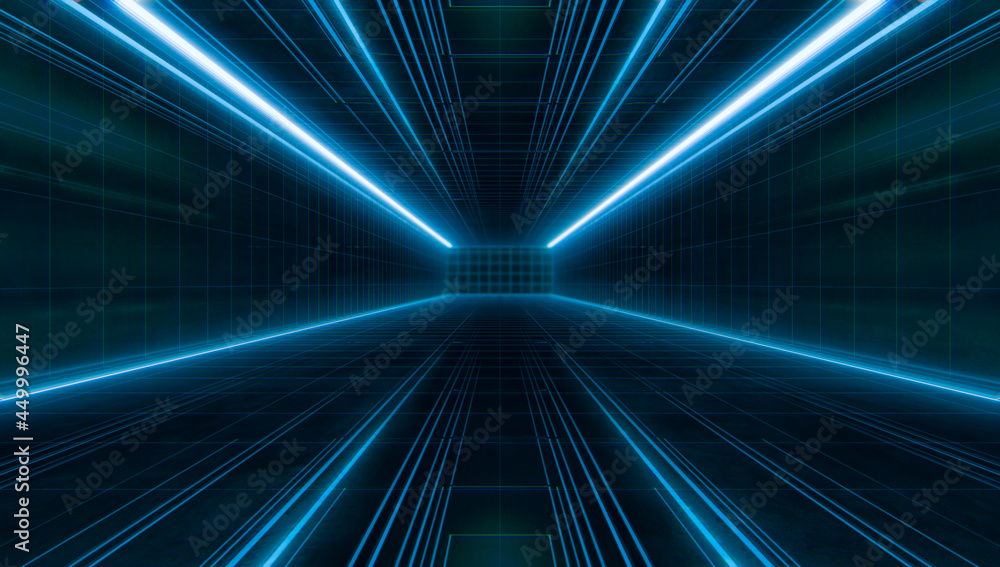 Abstract  Futuristic light wireframe tunnel. Long Spaceship corridor interior view. Future sci-fi background concept. 3D rendering.