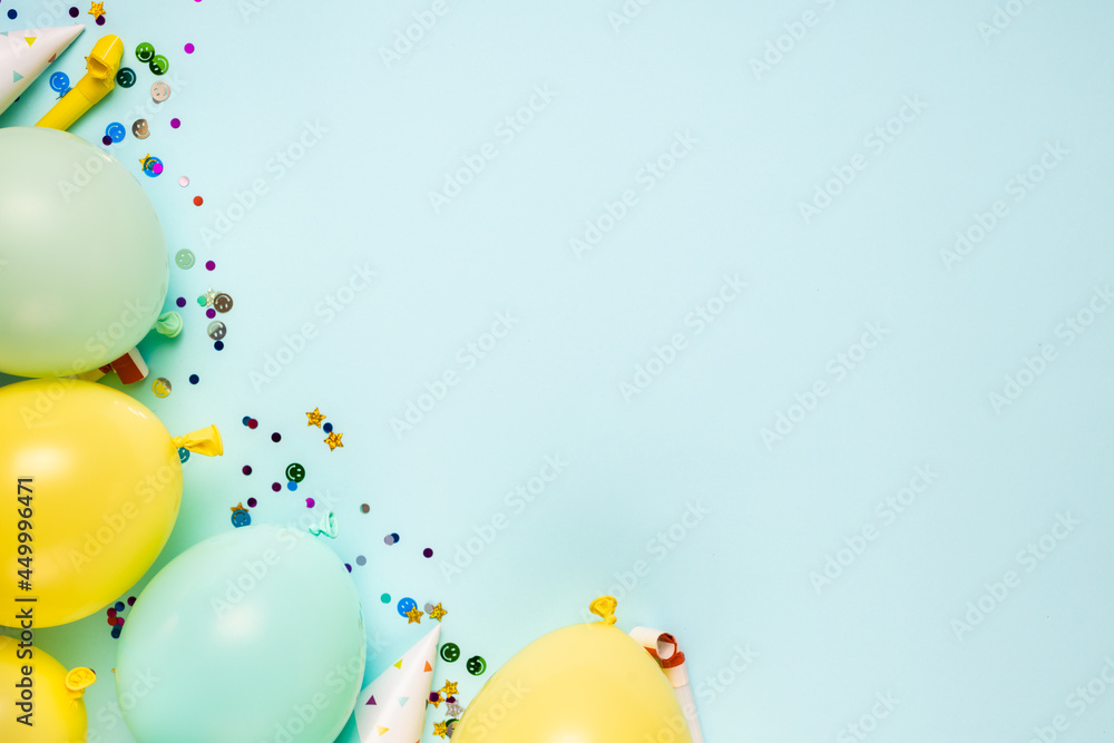 Flat lay party, birthday decoration background top view