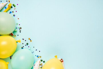 Flat lay party, birthday decoration background top view