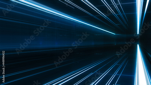 Futuristic light tunnel. Long Spaceship corridor interior view. Future sci-fi background concept. 3D rendering. © Chanchai
