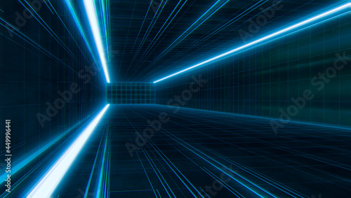 Abstract  Futuristic light wireframe tunnel. Long Spaceship corridor interior view. Future sci-fi background concept. 3D rendering. © Chanchai