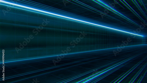 Abstract  Futuristic light wireframe tunnel. Long Spaceship corridor interior view. Future sci-fi background concept. 3D rendering. © Chanchai