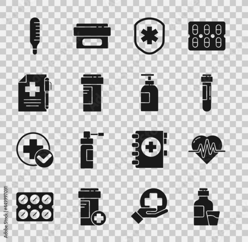 Set Bottle of medicine syrup, Heart rate, Test tube with blood, Medical shield cross, Medicine bottle, prescription and pen, thermometer and Hand sanitizer icon. Vector