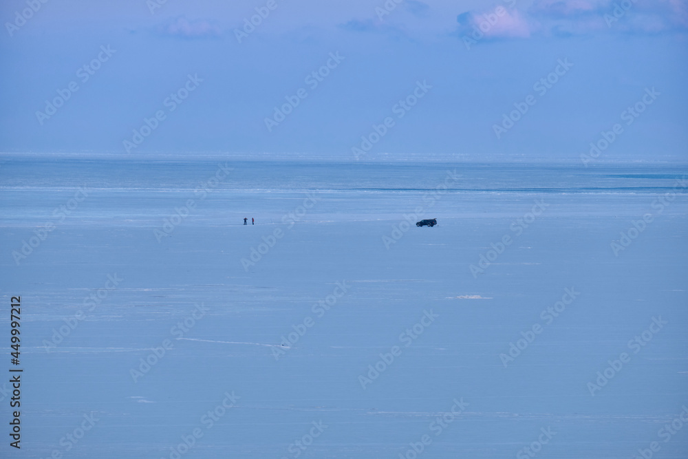 Vanino, Russia - Jan 18, 2021: Vanino Bay in the Tatar Strait in winter. The frozen sea.