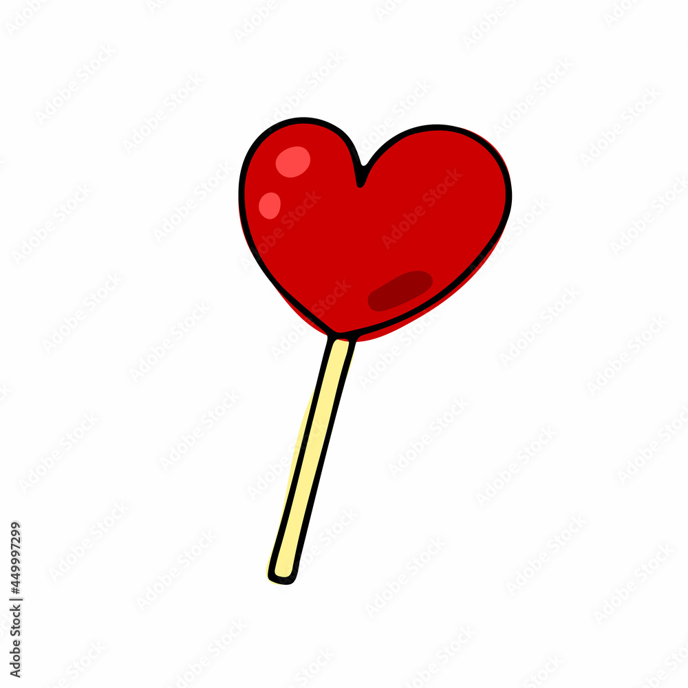 Doodle candy in the shape of a heart. Lollipop isolated on white background. Hand-drawn red sweet dessert with cream for kids party, Easter, birthday, Valentines Day. Vector ice cream illustration
