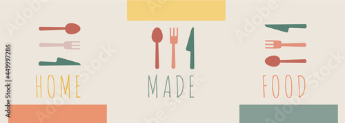 Homemade cooking healthy tasty food postel pastel colors with cutlery: spoon, fork, knife and place for text, copy paste. Home cooking catering, restaurant, cafe symbol concept, vector illustration