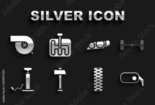 Set Hammer, Chassis car, Car rearview mirror, tire wheel, air pump, headlight, Automotive turbocharger and Gear shifter icon. Vector