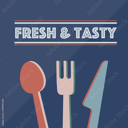Homemade food icon or label. The logotype of the house with a fork, knife and spoon inside on the dark blue background. Home cooking catering, restaurant, cafe symbol concept, vector illustration