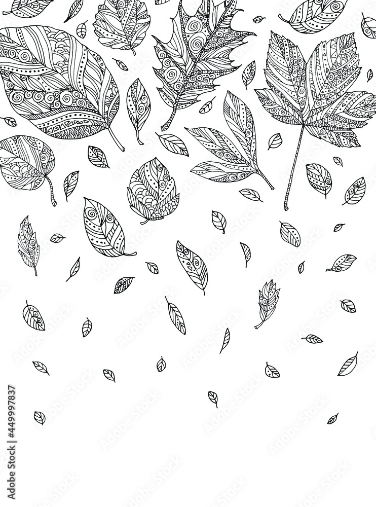 Autumn leaves. Fall background. Vector illustration. Elm, maple, oak, birch, linden. Hand drawn artwork. Zentangle, doodle, tattoo. Woodcut style. Coloring book page. Black and white Autumn leaves. Fall background. Vector illustration. Elm, maple, oak, birch, linden. Hand drawn artwork. Zentangle, doodle, tattoo. Woodcut style. Coloring book page. Black and white