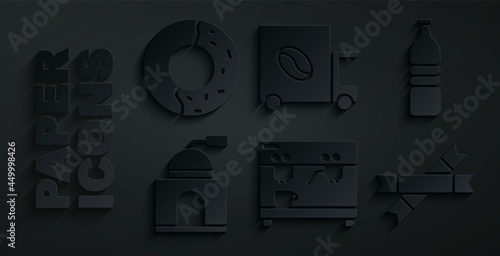 Set Coffee machine, Bottle water, Manual coffee grinder, Sugar stick packets, street truck and Donut with sweet glaze icon. Vector