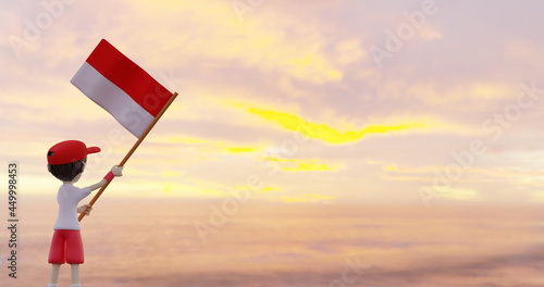 17 August, Indonesia Happy Independence Day. Elementary school children flying the Indonesian flag
