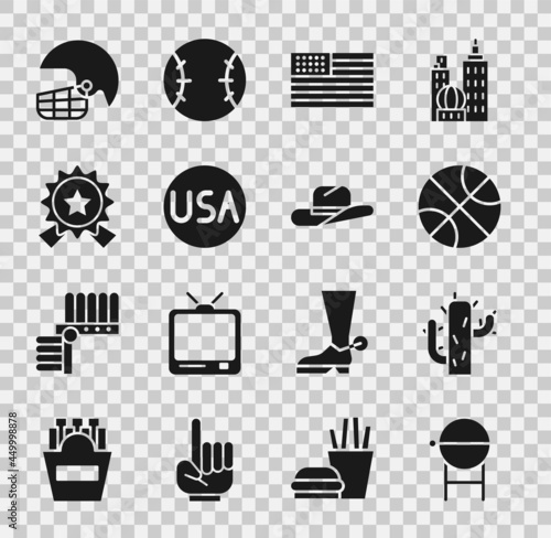 Set Barbecue grill, Cactus, Basketball ball, American flag, USA label, Medal with star, football helmet and Western cowboy hat icon. Vector