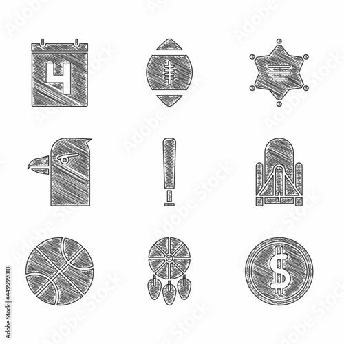 Set Baseball bat, Dream catcher with feathers, Coin money dollar, Rocket launch from spaceport, Basketball, Eagle head, Hexagram sheriff and Calendar date July 4 icon. Vector